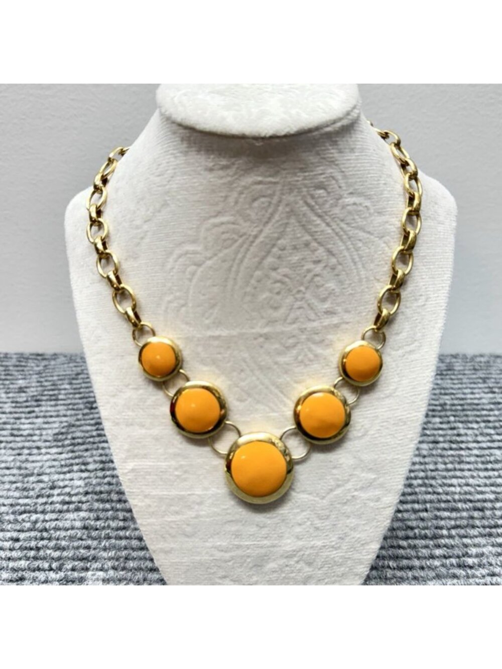 Vintage Talbots Statement Necklace Orange Gold Tone Chunky Chain 16" Circle Dot